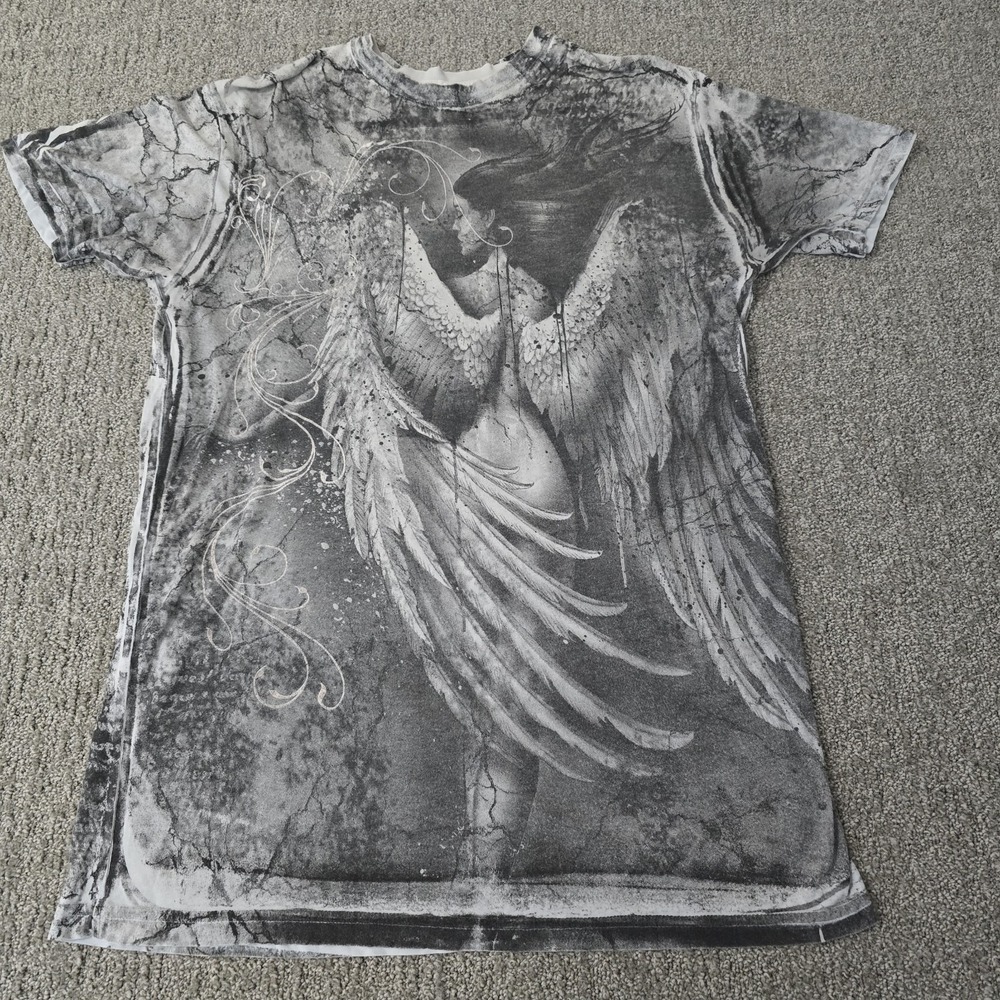 Affliction Bamboo Series Shirt Large AOP Angel Fallen Wings Grey Acid Y2K VTG